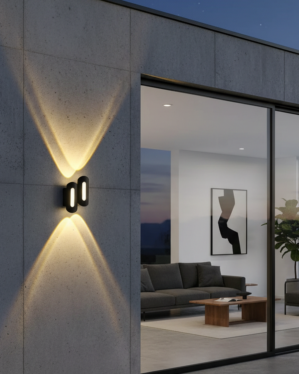 Swanart LED wall light with warm white glow, featuring 2 upward and 2 downward light beams, shockproof aluminum body for indoor and outdoor use.