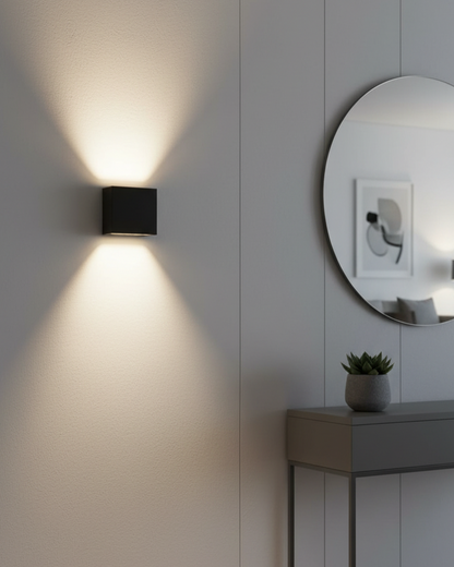 Swanart modern black LED wall sconce with up-down warm white light, suitable for indoor and outdoor living room, bedroom, hallway decor