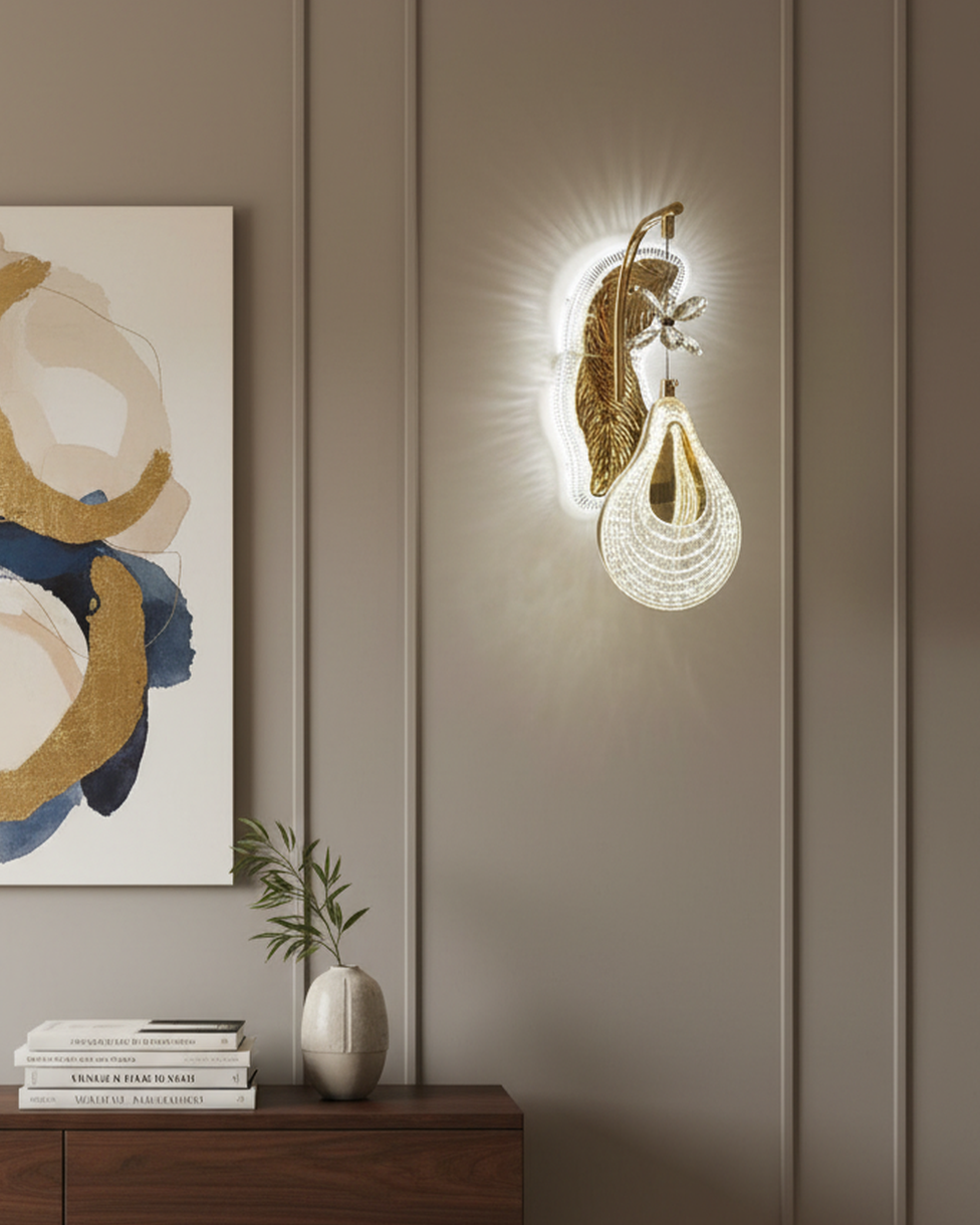 Swanart luxury gold leaf wall light with crystal flower accent, modern glass LED wall sconce for living room or bedroom decor