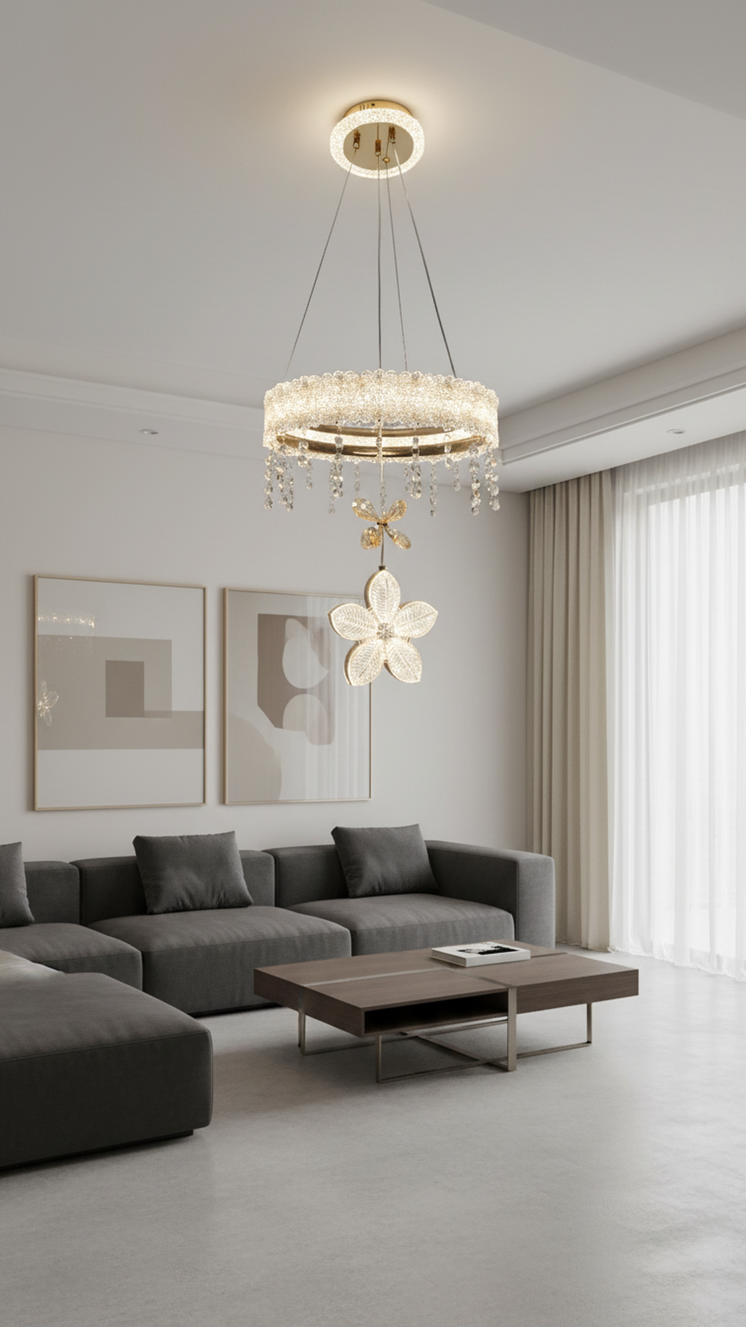 Swanart crystal flower chandelier with gold ring and LED flower design hanging from ceiling in modern living room or bedroom decor