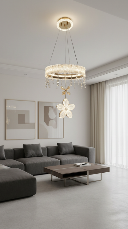 Swanart crystal flower chandelier with gold ring and LED flower design hanging from ceiling in modern living room or bedroom decor