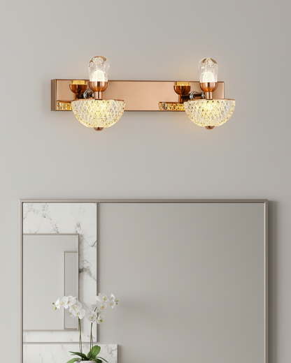 Swanart modern rose gold wall sconce with dual LED lights and diamond cut glass shades, ideal for living room, bedroom, or hallway decor.