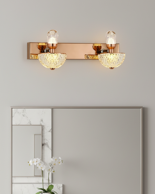 Swanart modern rose gold wall sconce with dual LED lights and diamond cut glass shades, ideal for living room, bedroom, or hallway decor.