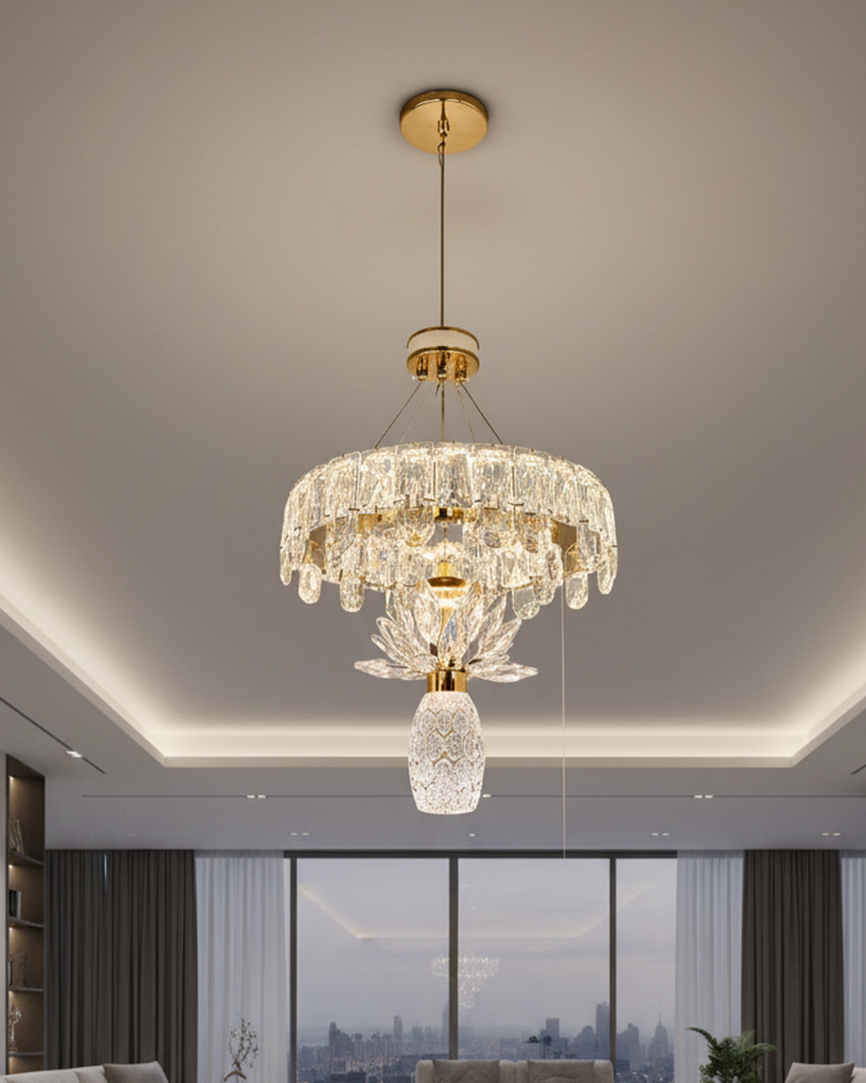 Swanart modern crystal chandelier pendant light with gold finish, hanging ceiling lamp with LED, adjustable height for living or dining room
