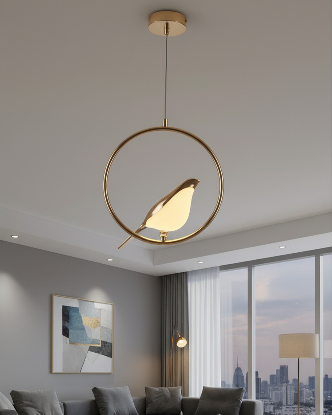 Swanart Radiance hanging light with chirpy design, energy-efficient bulb, and aesthetic style for ambient home illumination.