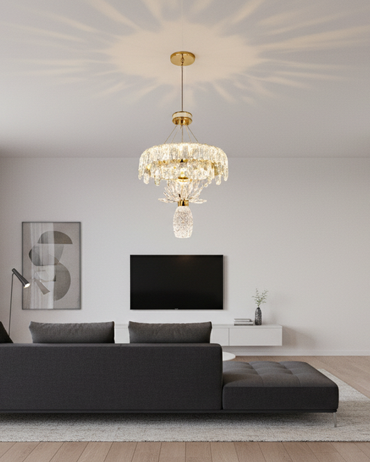 Swanart modern crystal chandelier pendant light with gold finish, decorative LED ceiling lamp hanging in a stylish living room setting