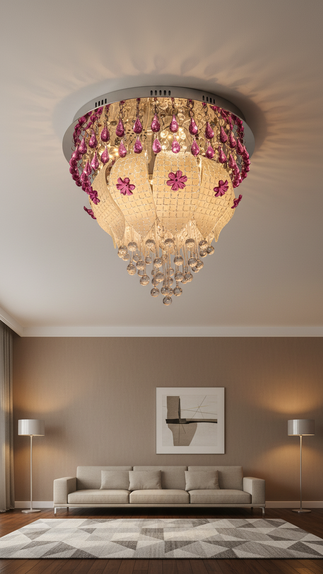 Swanart Prismara Modern Crystal Ceiling Chandelier with Remote | Multi-Color LED Lights | Bluetooth Music System | Rotating Crystal Pendant | 36cm x 36cm Elegant Design - Swanart