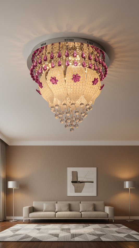 Swanart Prismara Modern Crystal Ceiling Chandelier with Remote | Multi-Color LED Lights | Bluetooth Music System | Rotating Crystal Pendant | 36cm x 36cm Elegant Design - Swanart