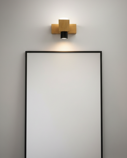 Modern wooden Swanart LED wall light with minimalist up-down sconce design, ideal for bedroom, living room, or bathroom decor.