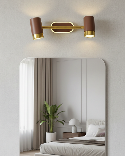 Swanart modern LED wall light with dual adjustable heads in gold and brown finish, ideal for mirror vanity or dressing area.