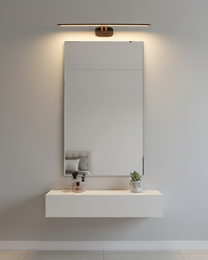 Swanart modern LED mirror light with warm white illumination, metal wall-mounted vanity lamp for bathroom or dressing table.