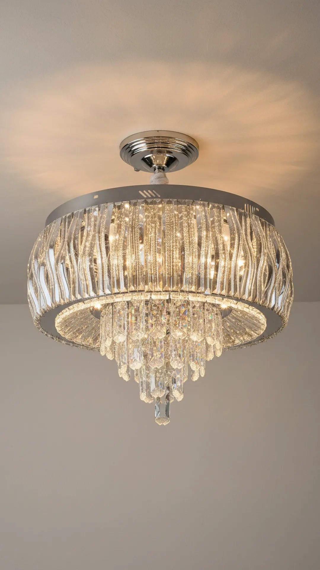 Swanart luxury crystal chandelier with gold drum design, modern LED ceiling light for living, dining, or bedroom with hanging crystals