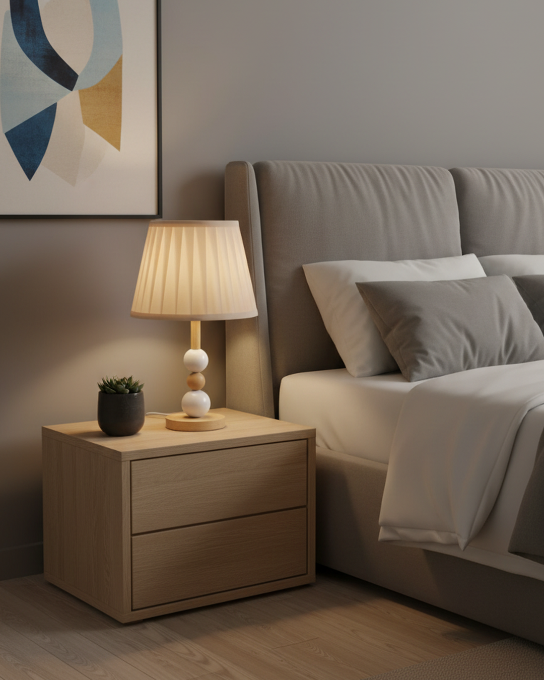 Swanart modern bedside table lamp with fabric shade, wooden and ceramic base, emitting warm ambient light for bedroom or living room.
