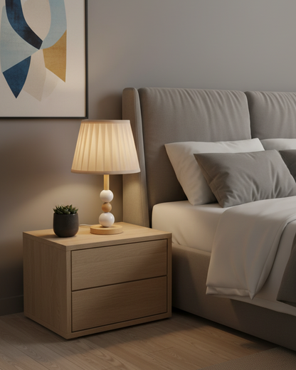 Swanart modern bedside table lamp with fabric shade, wooden and ceramic base, emitting warm ambient light for bedroom or living room.