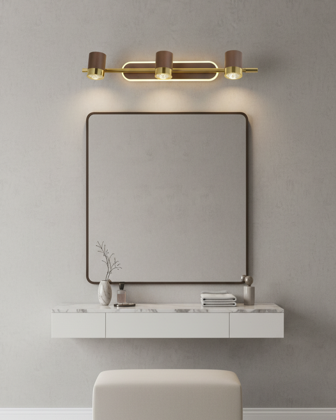 Swanart modern LED vanity mirror light with three gold wall-mounted heads, warm white lighting for bathroom or dressing table decor.