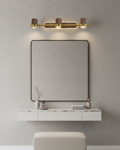 Swanart modern LED vanity mirror light with three gold wall-mounted heads, warm white lighting for bathroom or dressing table decor.