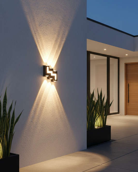 Swanart modern outdoor wall light with waterproof LED up-down sconce in black finish, illuminating balcony, garden, or porch areas.