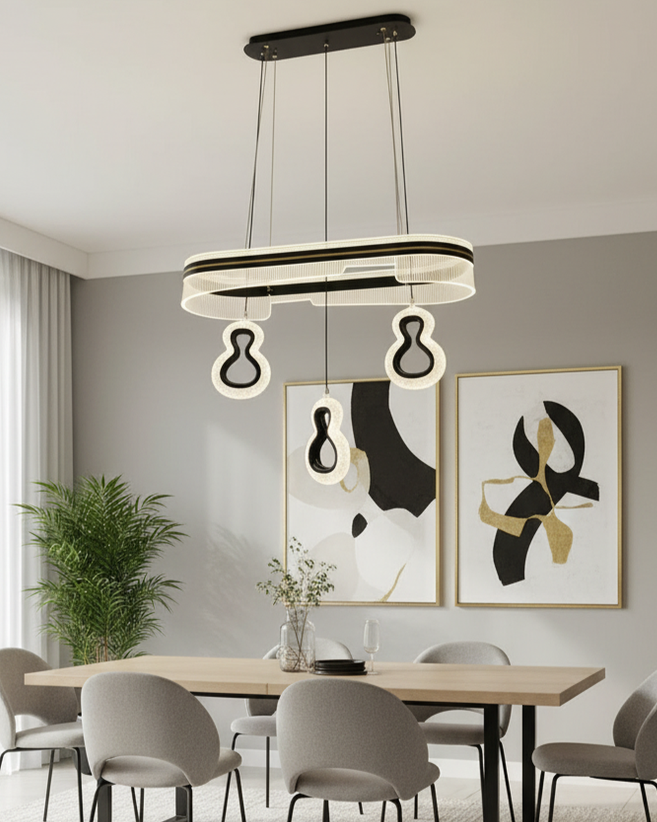 Swanart modern LED pendant chandelier with black and gold acrylic design, adjustable hanging ceiling light for living room or dining area