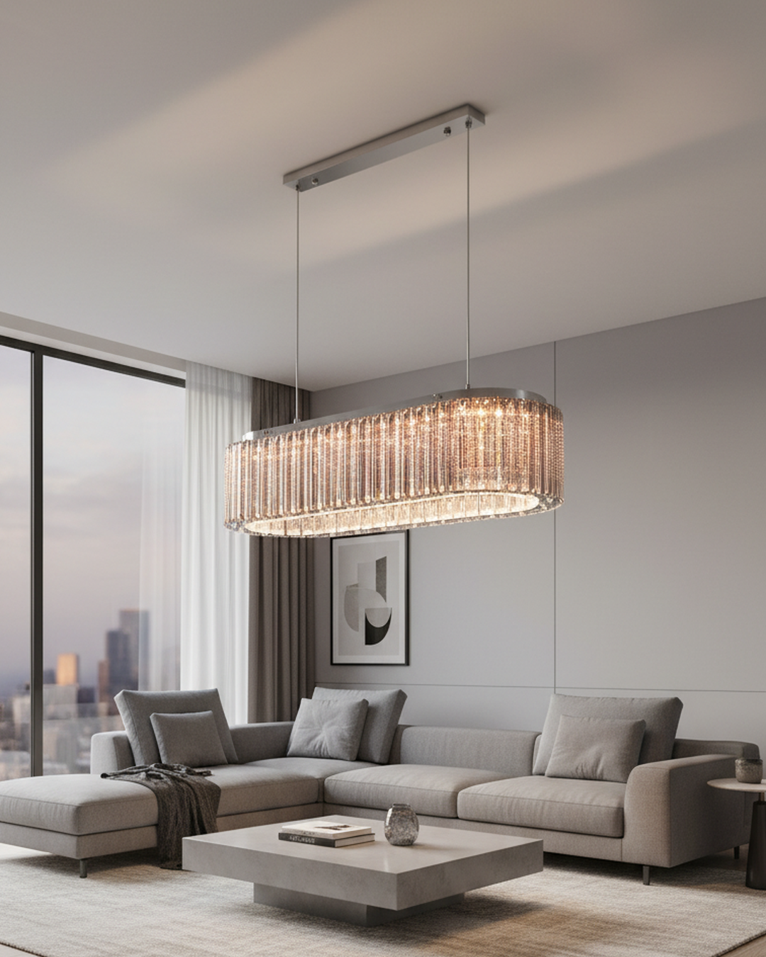 Swanart Crystal Oval Chandelier with warm LED lighting, modern hanging pendant light for dining room or living area decor.