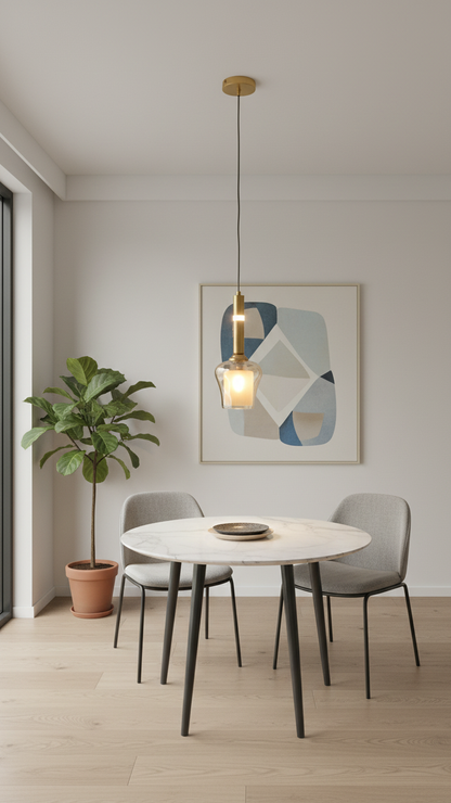 Swanart modern gold pendant light with glass shade hanging from ceiling, decorative fixture for kitchen, dining, or bedroom interior.