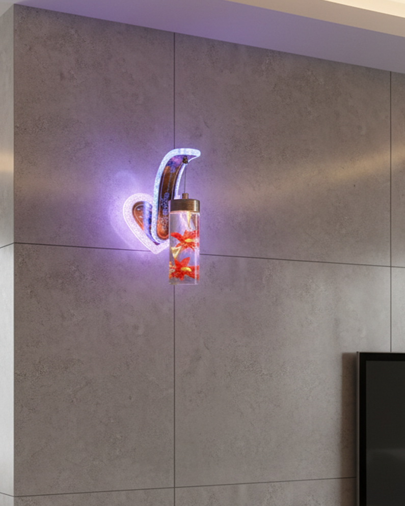 Swanart LED wall light with decorative heart design, colorful crystal lamp, floral glass cylinder, modern indoor lighting for home decor