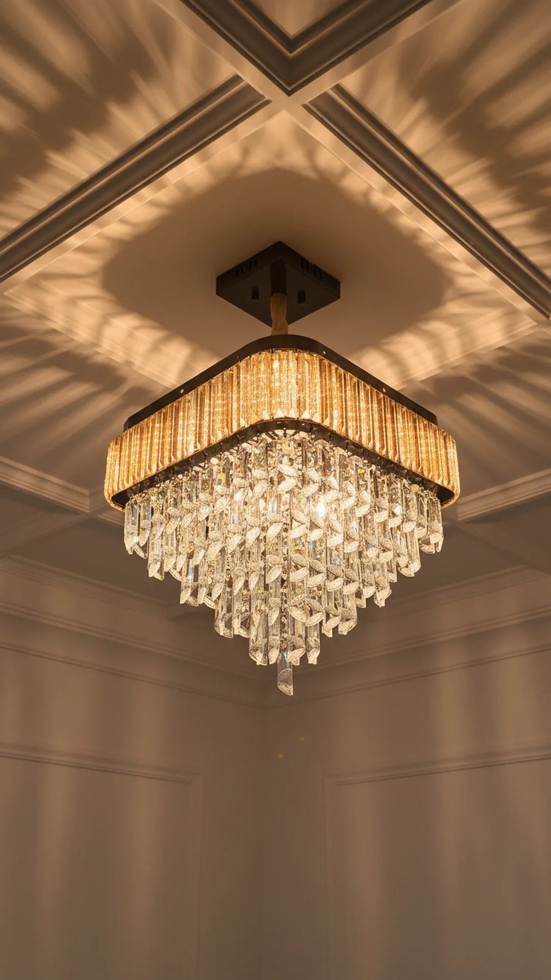 Swanart modern crystal chandelier with gold finish, square pendant LED ceiling light for living room, dining room, bedroom, hallway.