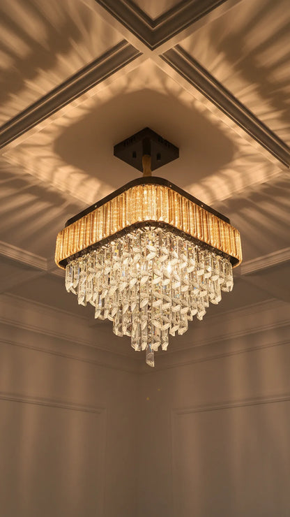 Swanart modern crystal chandelier with gold finish, square pendant LED ceiling light for living room, dining room, bedroom, hallway.