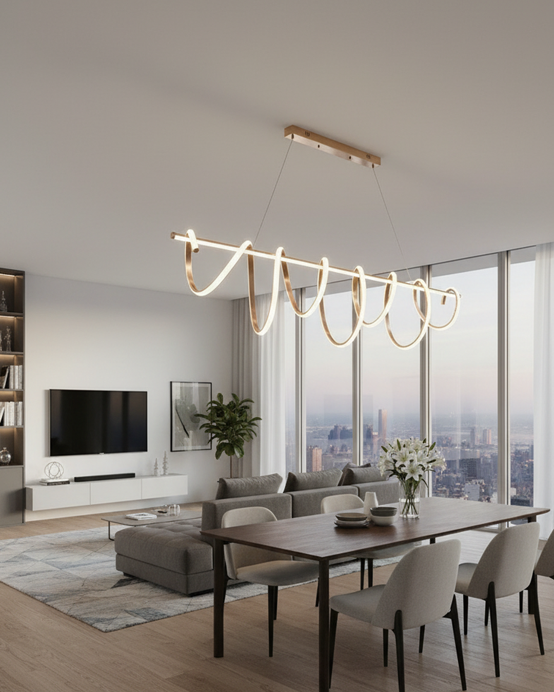 Swanart modern pendant light with sleek, contemporary design hanging from ceiling in a stylish interior setting