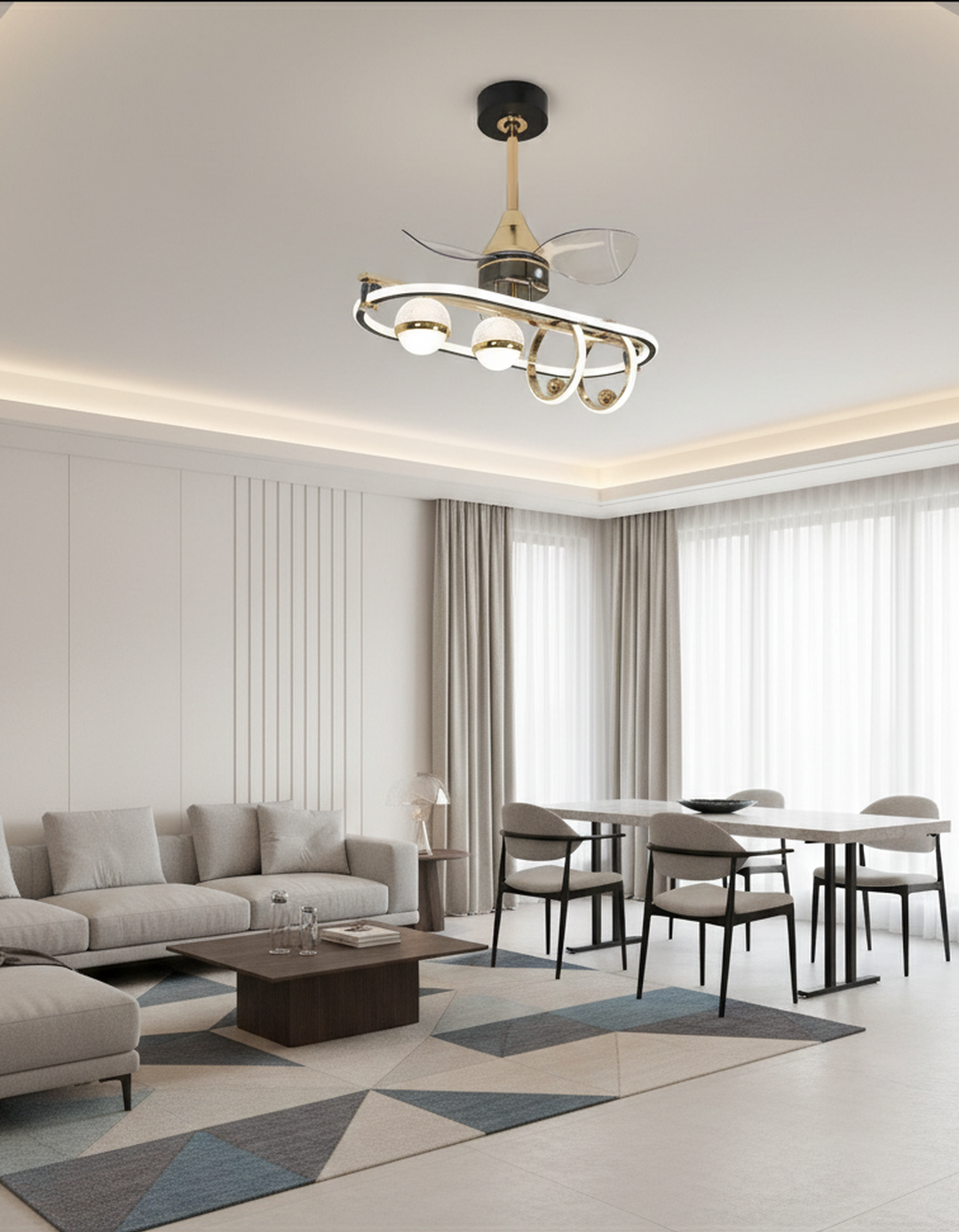 Swanart modern LED ceiling fan with gold finish, three blades, decorative ring light, flush mount design for living room or bedroom