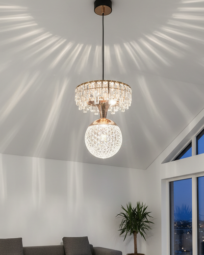 Modern 2-tier crystal pendant light by Swanart with black and rose gold finish, featuring elegant hanging crystal accents.