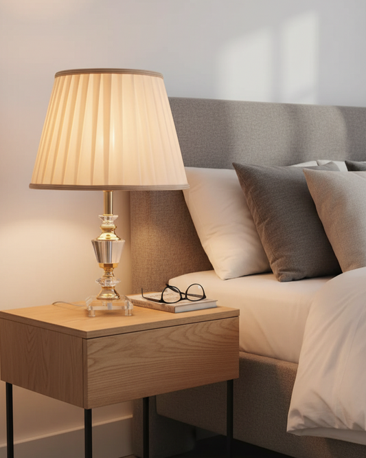 Swanart crystal table lamp with fabric shade, gold finish base, modern bedside design, warm light for bedroom or living room decor.