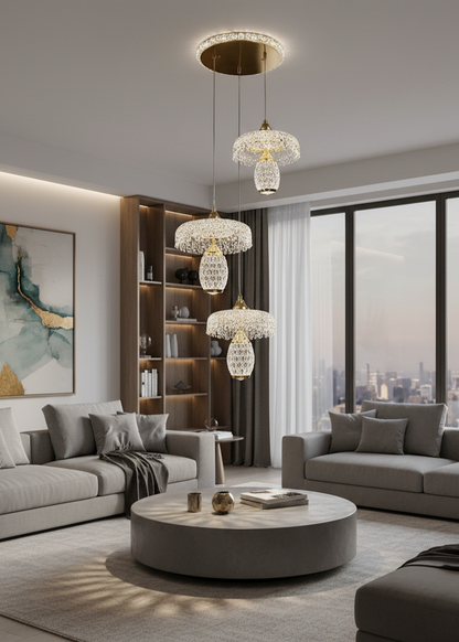 Swanart modern crystal pendant chandelier with gold finish, 3-light hanging ceiling lamp for dining rooms and living spaces