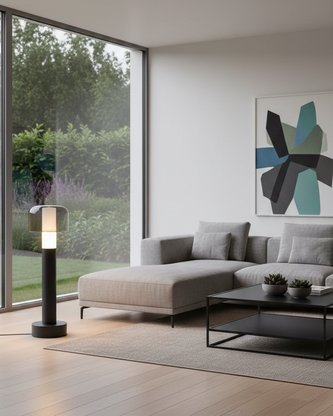 Swanart modern outdoor bollard light in black finish, waterproof LED garden pathway lamp illuminating villa walkway and yard landscape.