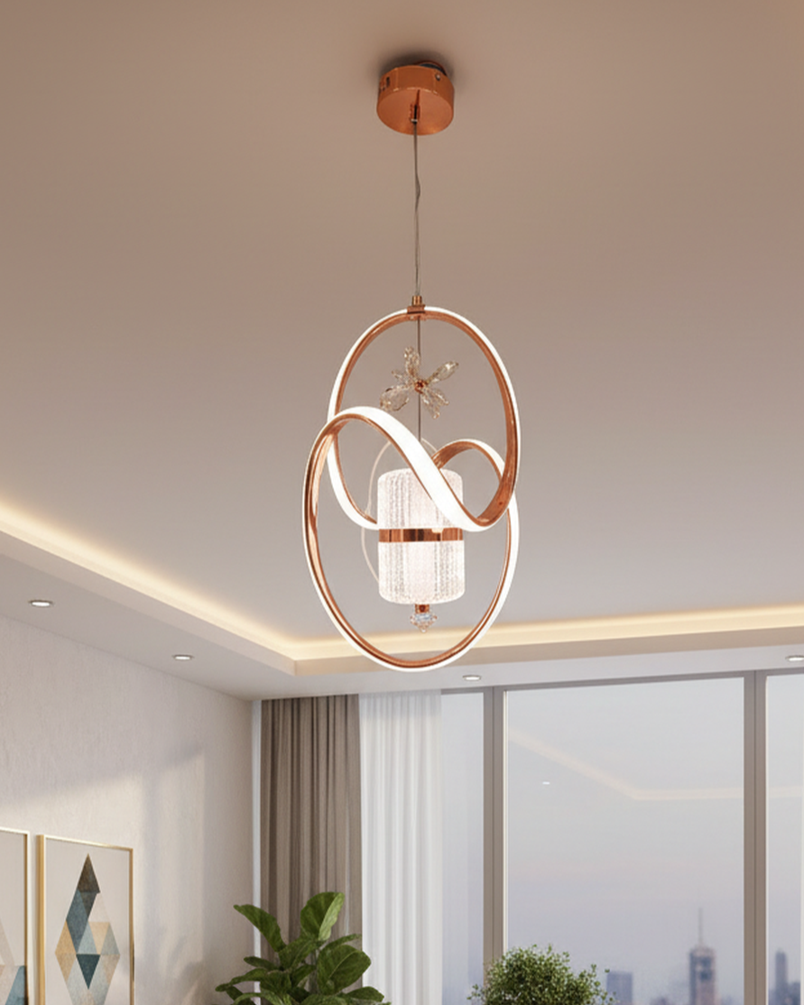Swanart modern crystal LED pendant light with rose gold rings, adjustable height, hanging ceiling lamp for living room or bedroom decor