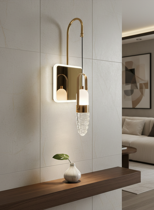 Swanart Modern Crystal Wall Sconce with LED Mirror - Elegant Bathroom Vanity Light Fixture with Gold Finish & Crystal Shade - Swanart