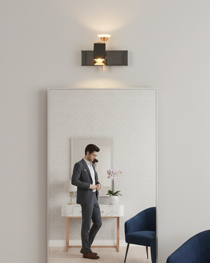 Modern Swanart black and rose gold wall sconce with dual LED lights and adjustable angles, perfect for living rooms, bedrooms, or offices.