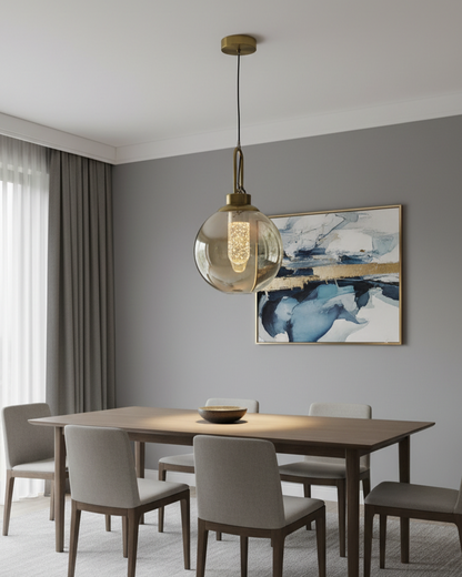 Swanart Modern Globe Pendant Light with Amber Glass Shade, Adjustable Hanging Light, LED Pendant Lamp, Decorative Ceiling Light, Contemporary Chandelier for Living Room, Dining Room & Bedroom