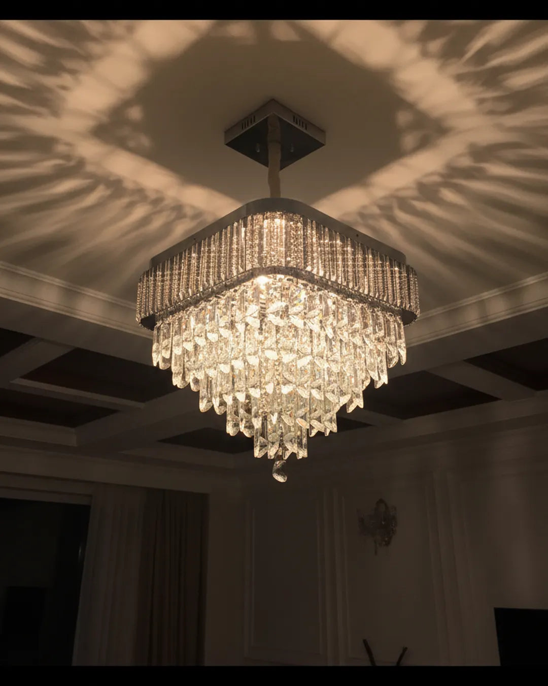 Swanart luxury crystal chandelier with gold square design, multi-layer crystal pendants, ceiling or hanging light for living or dining rooms