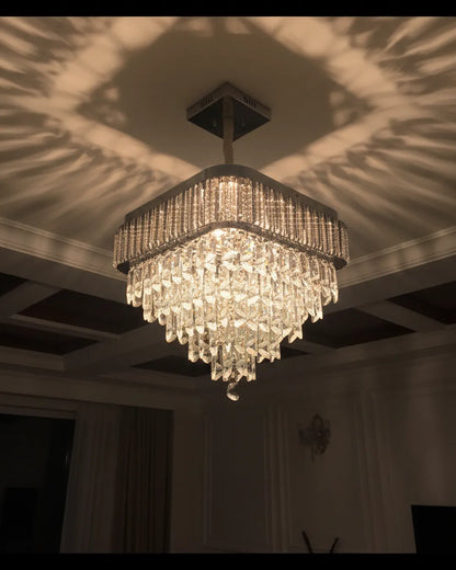 Swanart luxury crystal chandelier with gold square design, multi-layer crystal pendants, ceiling or hanging light for living or dining rooms