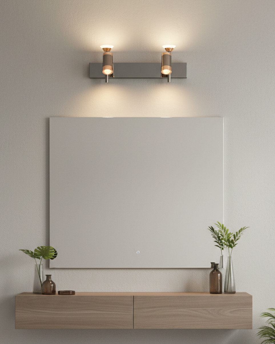 Swanart modern black and rose gold wall sconce with dual adjustable cylindrical LED shades, ideal for living room or bedroom decor.