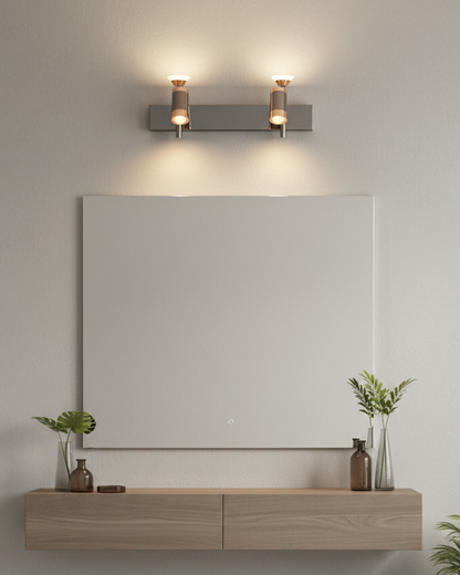 Swanart modern black and rose gold wall sconce with dual adjustable cylindrical LED shades, ideal for living room or bedroom decor.