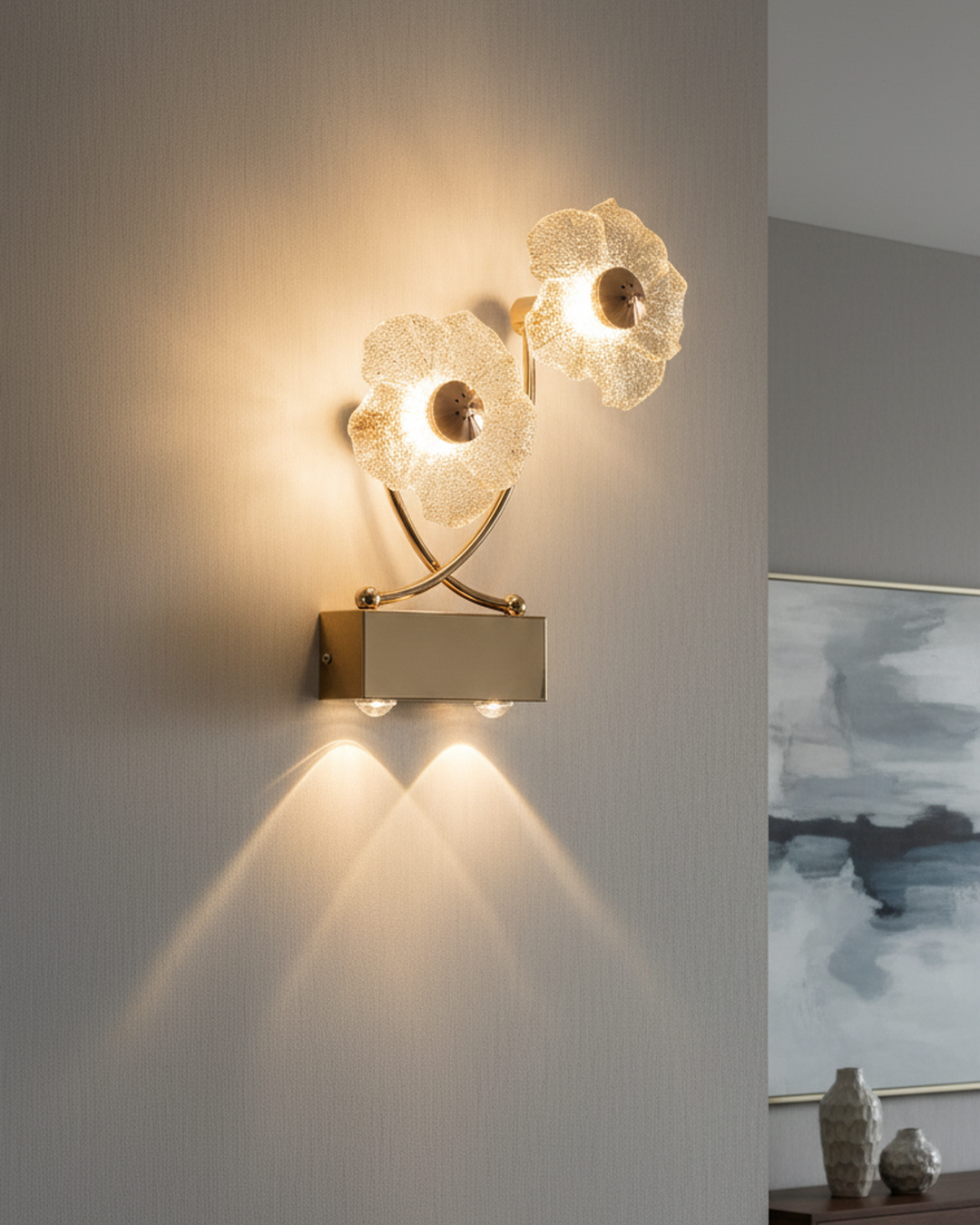 Swanart modern flower LED wall sconce with crystal petal design in gold, warm light, suitable for living rooms, bedrooms, and hallways.