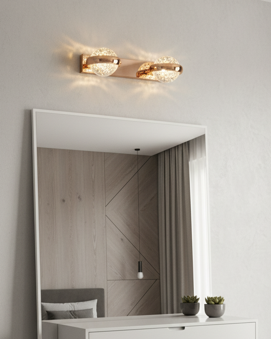 Swanart modern gold crystal wall light with double globe LED vanity fixture, warm white mirror light for bathroom, bedroom, hallway.