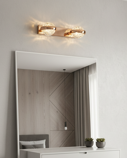 Swanart modern gold crystal wall light with double globe LED vanity fixture, warm white mirror light for bathroom, bedroom, hallway.