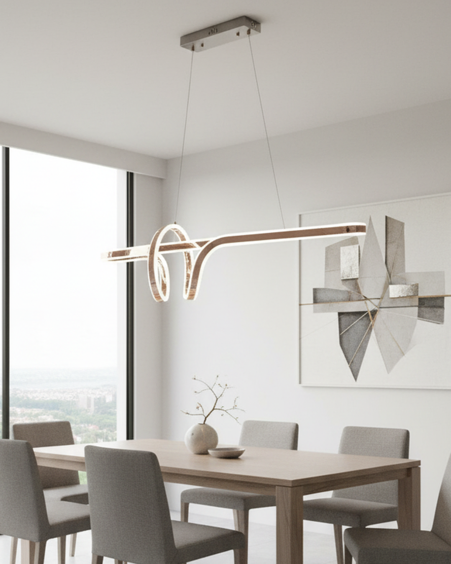 Swanart modern LED wave pendant chandelier hanging above a dining table, featuring sleek, artistic design for contemporary living rooms