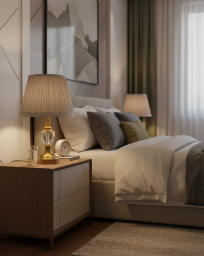 Swanart modern crystal bedside table lamp with gold base, fabric shade, warm light, elegant decor for bedroom and living room.