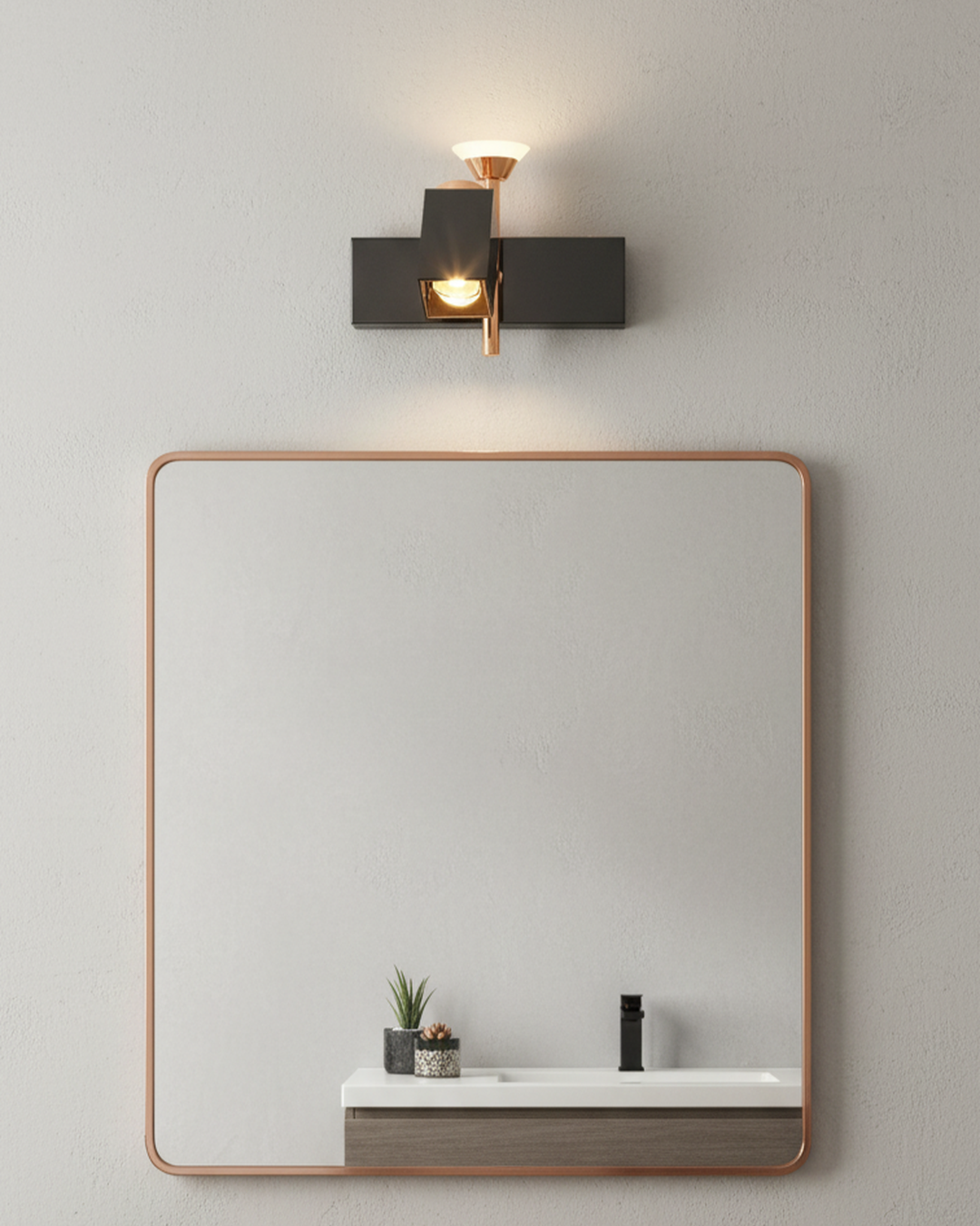 Modern Swanart black and rose gold wall sconce with dual LED lights, adjustable angles, perfect for living room, bedroom, or office decor