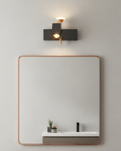 Modern Swanart black and rose gold wall sconce with dual LED lights, adjustable angles, perfect for living room, bedroom, or office decor