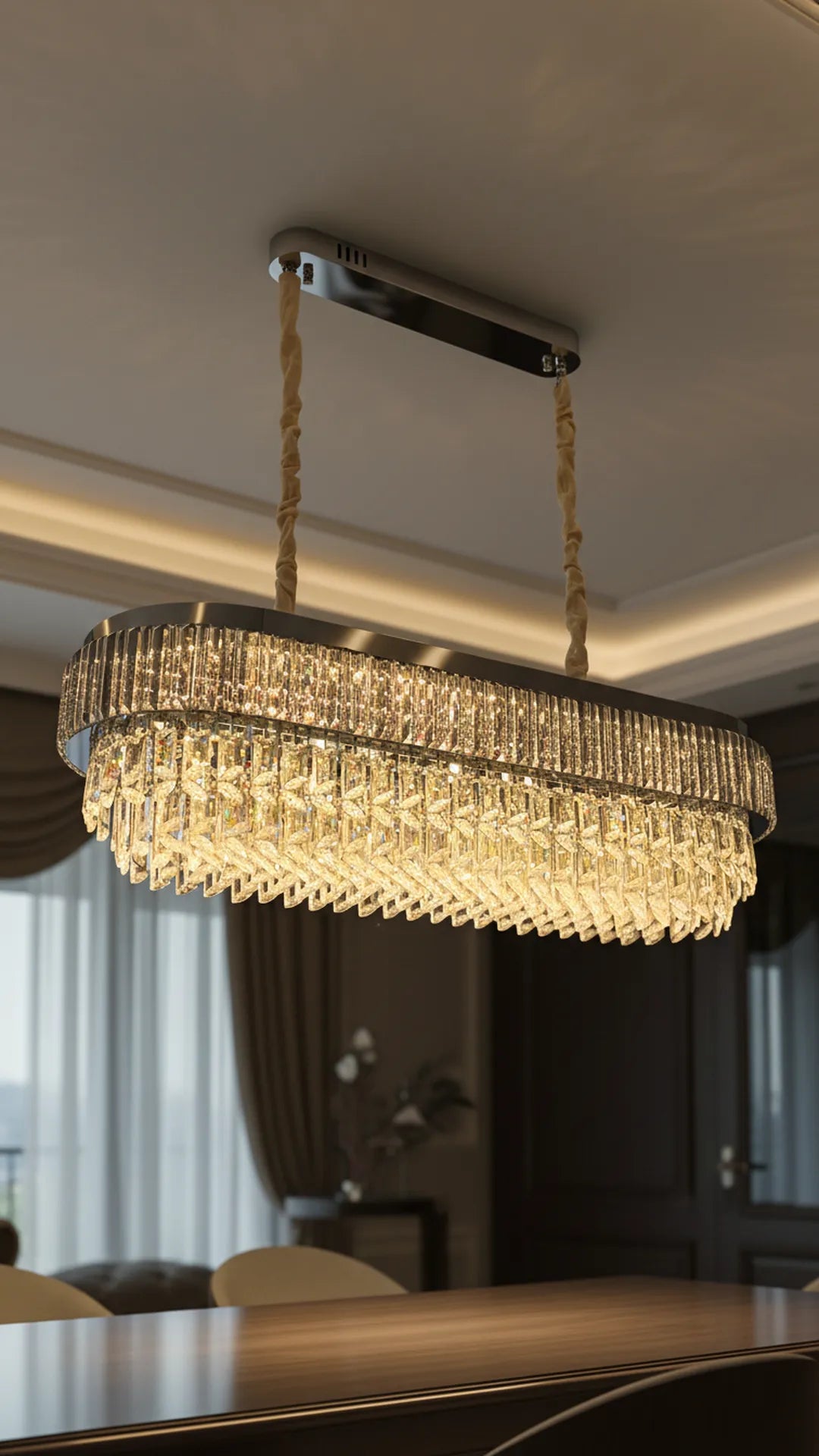 Swanart luxury 4-layer crystal chandelier with rectangular modern LED design, hanging above dining table or in living room.