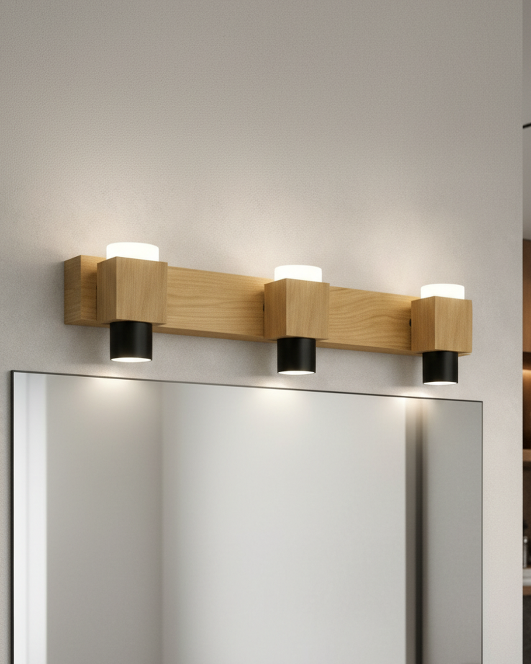 Swanart modern LED mirror light with three wooden wall sconces and warm white illumination for bathroom vanity or dressing table.